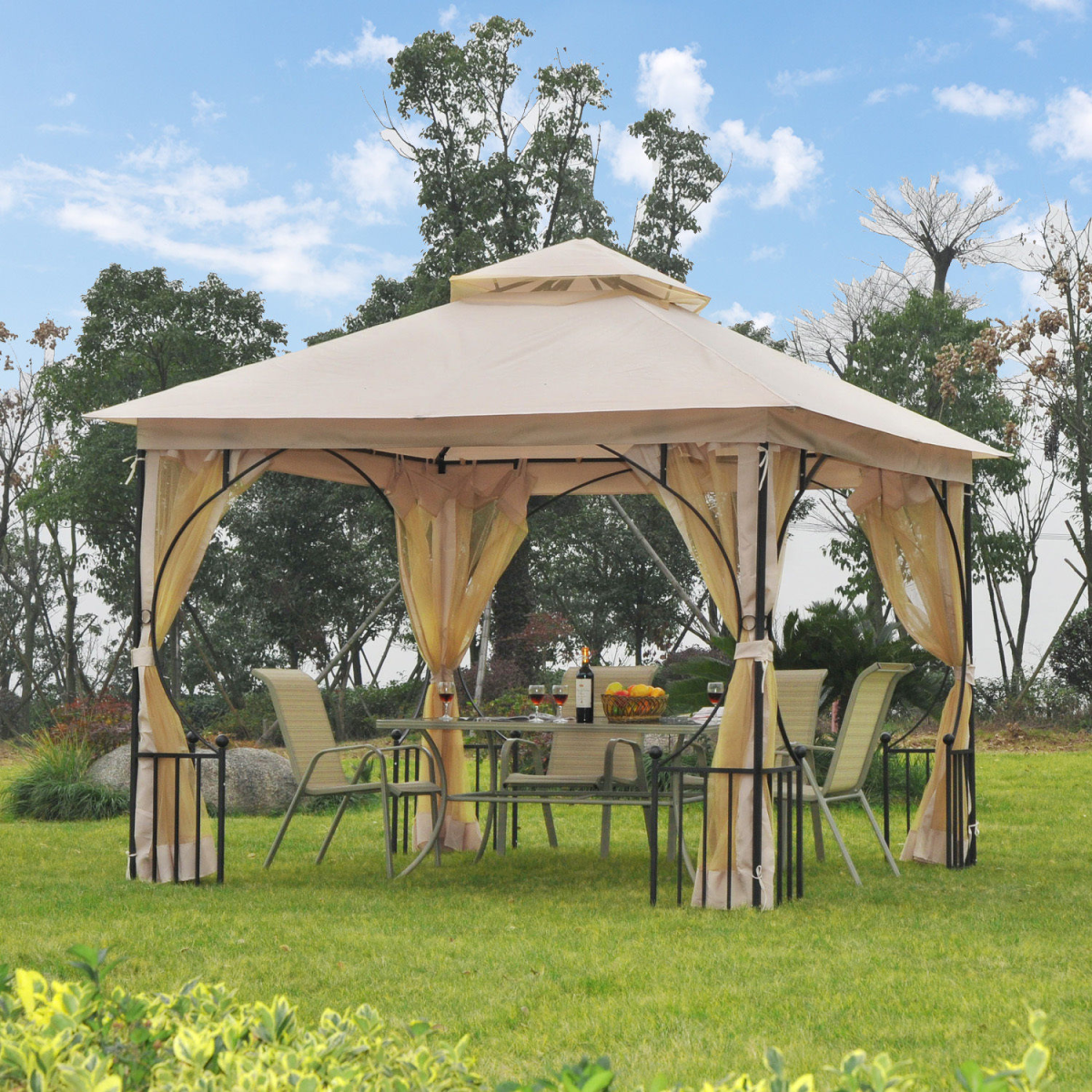Outsunny 3m x 3m Beige Waterproof Metal Gazebo with Sides