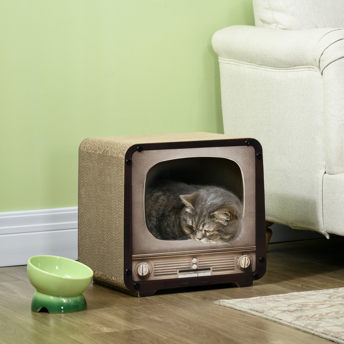 PawHut TV Shape Cat Scratching House with Catnip, Brown