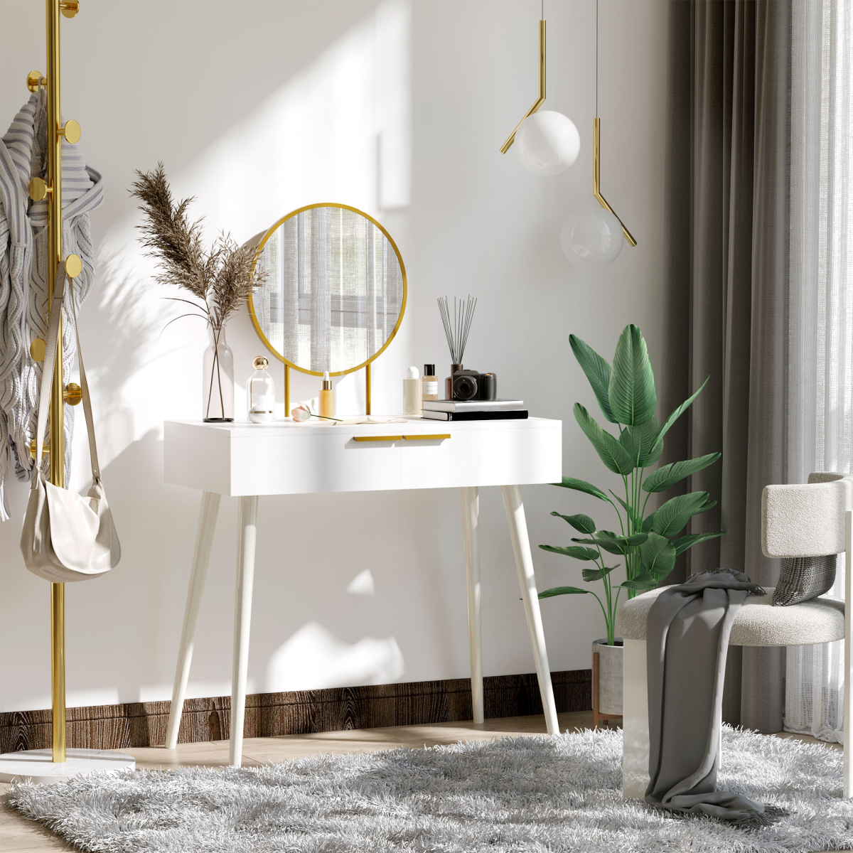 HOMCOM Modern White Dressing Table with 2 Drawers and Round Mirror