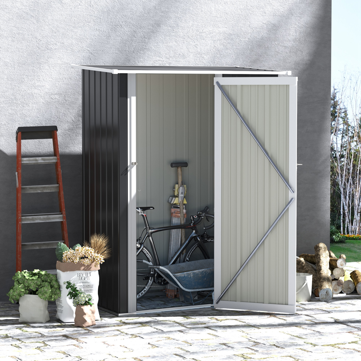 Outsunny Garden Storage Shed, Sloped Roof, Lockable Door, Grey, 142 x 84 x 189cm
