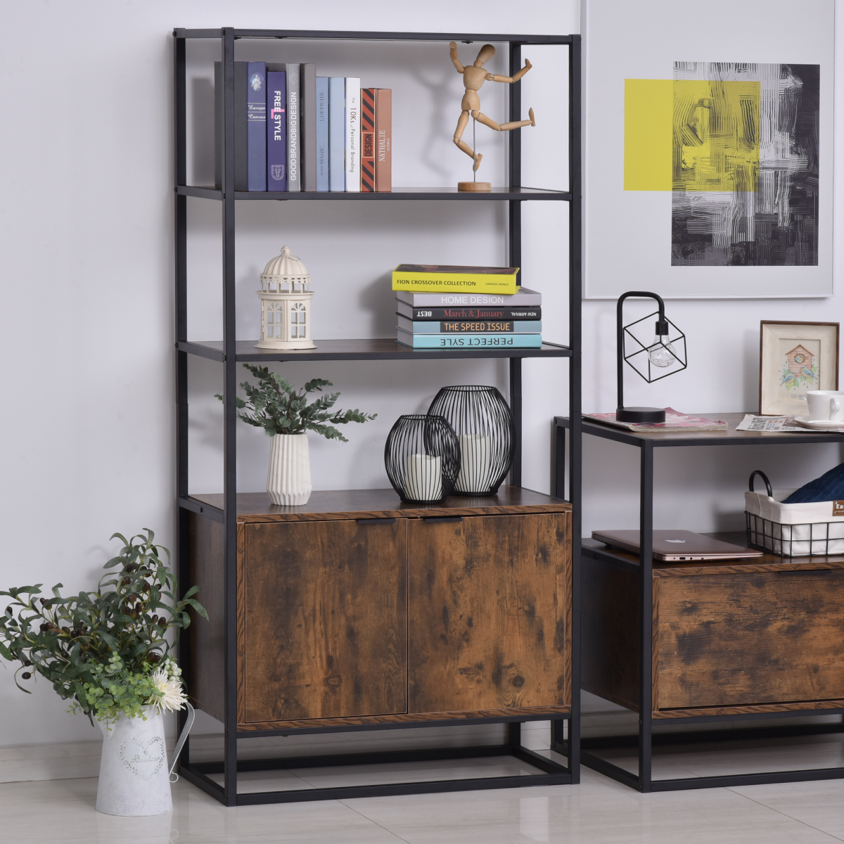 Industrial Style Storage Cabinet with 3 Open Shelves and Bottom Cabinet for Living Room Bedroom
