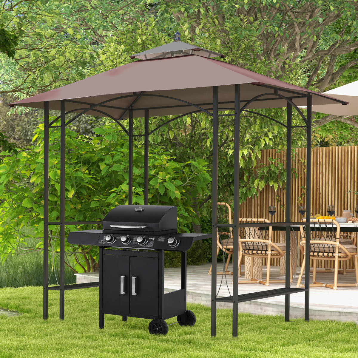Outsunny 2.5x1.5m BBQ Gazebo with 2 Side Tables, Flame-Resistant Canopy