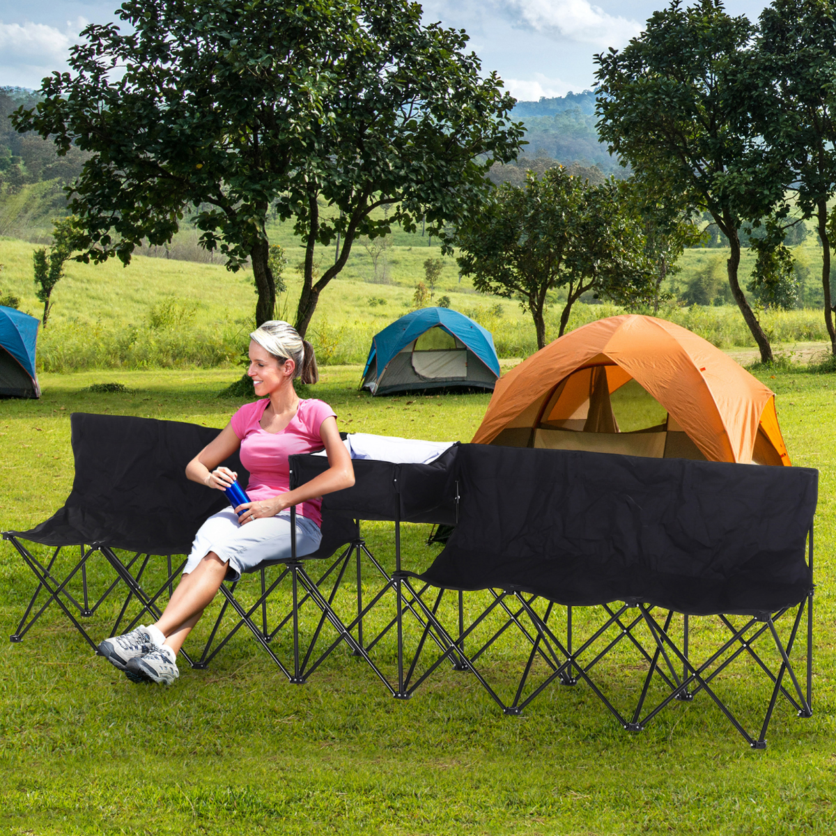 6-Seat Folding Outdoor Camping Bench with Cooler Bag, Black
