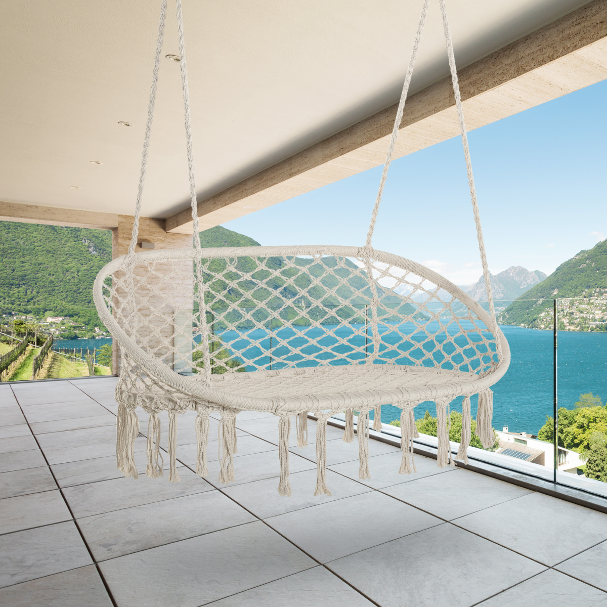 Outsunny Hanging Hammock Chair, Cotton Rope Macrame Swing with Metal Frame, Large 2-Seater, Cream White