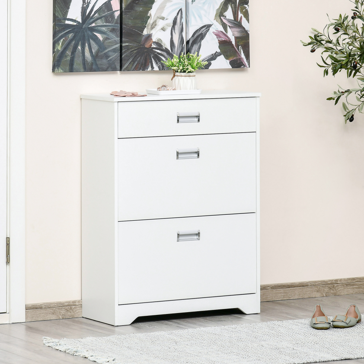 HOMCOM White Tipping Shoe Cabinet with Drawers, 16 Pairs
