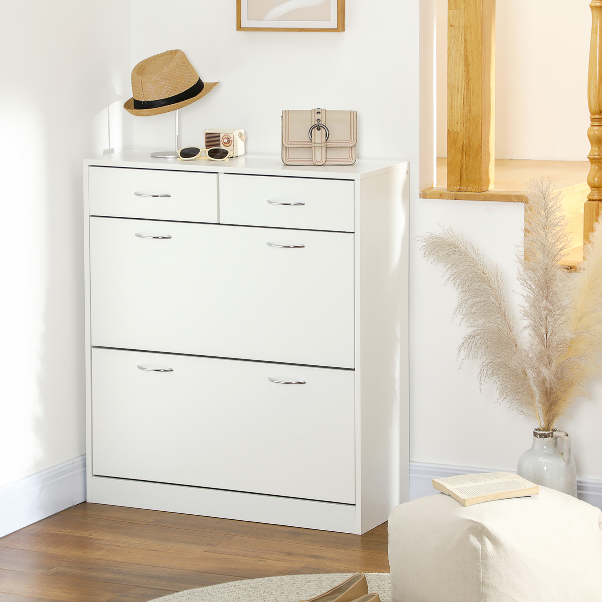 HOMCOM Slim Shoe Cabinet with 2 Flip Drawers, Holds 12 Pairs, White