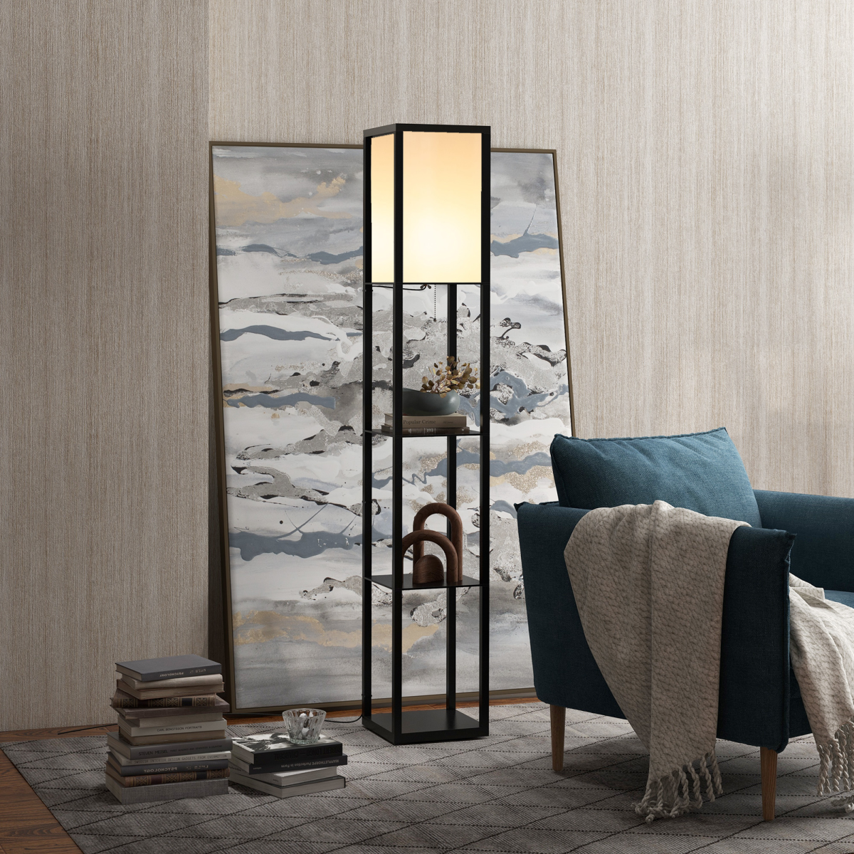 HOMCOM Shelf Floor Lamp, 4-Tier Open Shelves, 26L x 26W x 160Hcm
