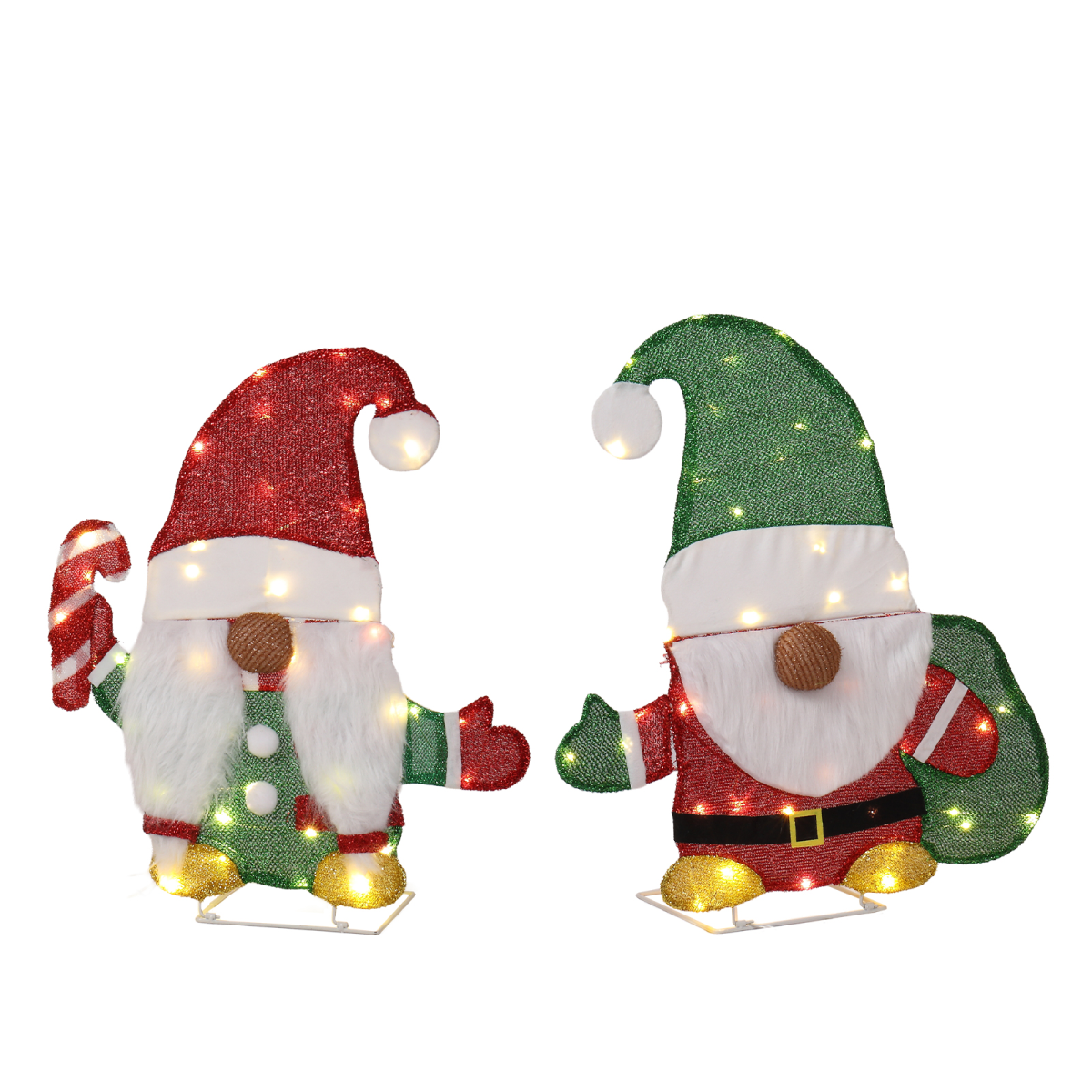 Set of 2 Lighted Gnome and Candy Cane Christmas Decorations, Pre-lit 2D Holiday Decor with 80 Warm White LED Lights for Xmas Outdoor Indoor Decor Lighted Holiday Displays