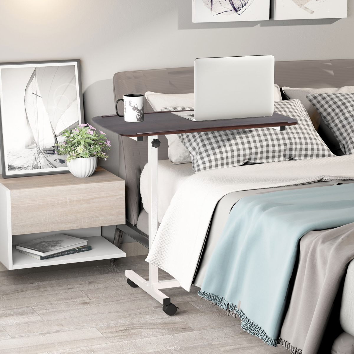 HOMCOM Multipurpose C-Shape Overbed Chair Table, Adjustable Height Rolling Bed and Sofa Side Table with Brakes