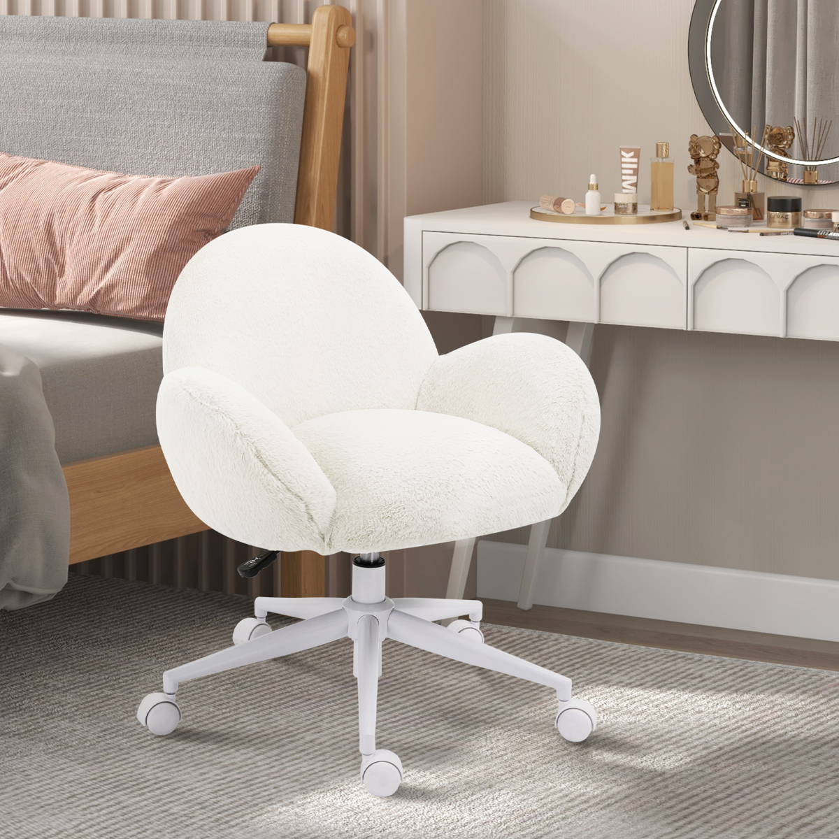 HOMCOM Cream White Fluffy Office Chair with Backrest & Wheels
