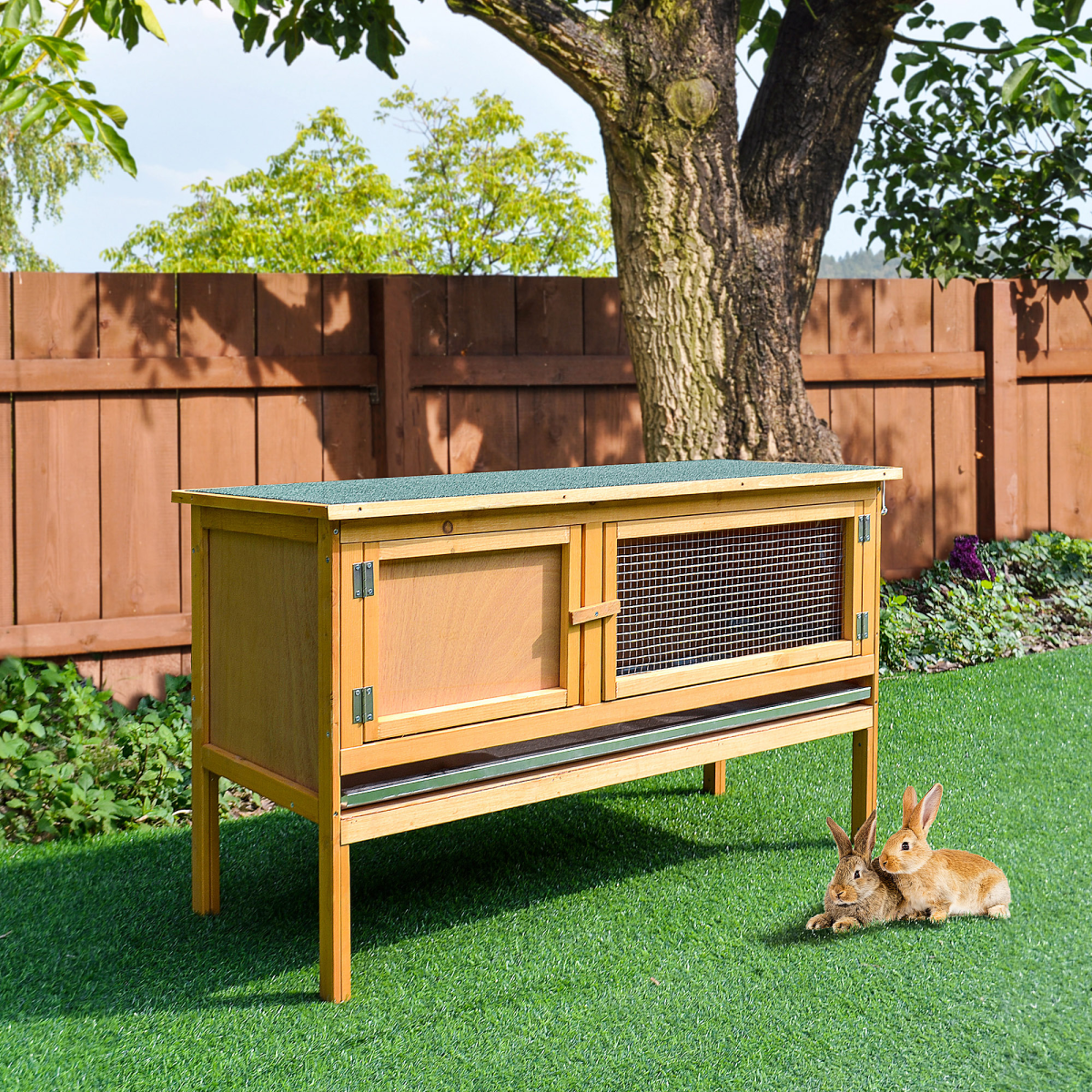PawHut Wooden Rabbit Hutch Outdoor Bunny Cage with Hinged Top & Tray