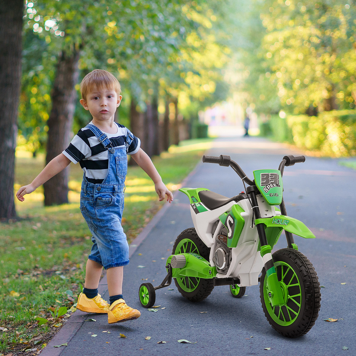 HOMCOM 12V Kids Electric Motorbike Ride-On Motorcycle with Training Wheels, 2 Speeds, Green