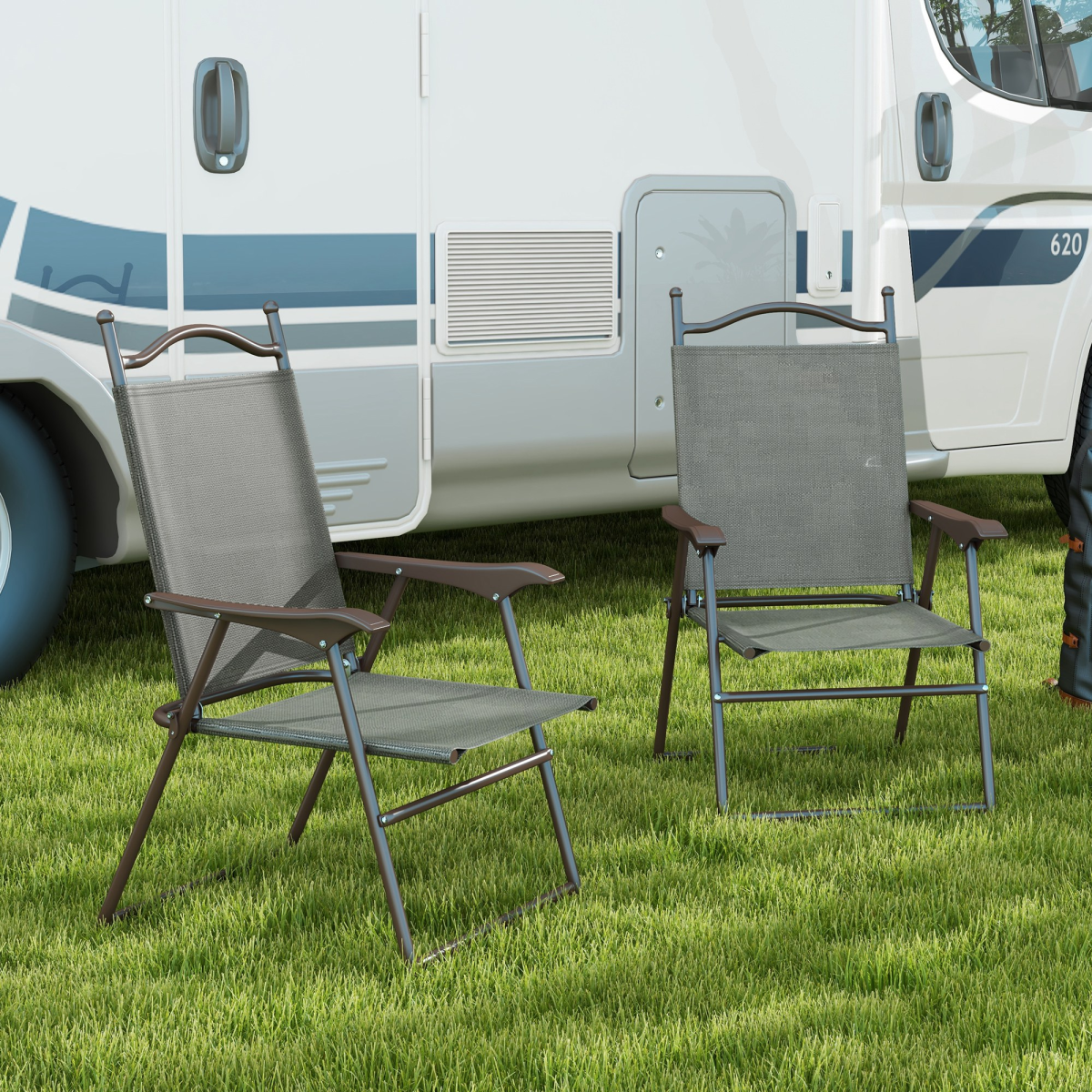 Outsunny Set of 2 Folding Chairs with Armrests, Breathable Mesh Seats, Dark Grey