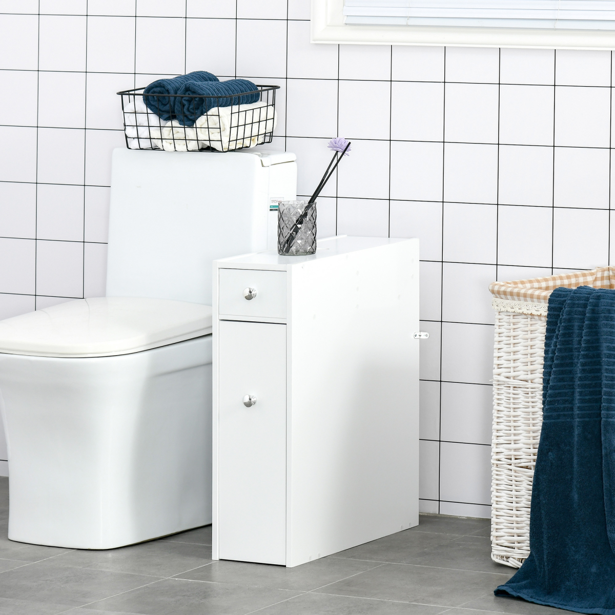 Slim White Bathroom Floor Cabinet with Large Drawer, Slide-Out Drawer and Top Tray, 58 x 17 x 48 cm
