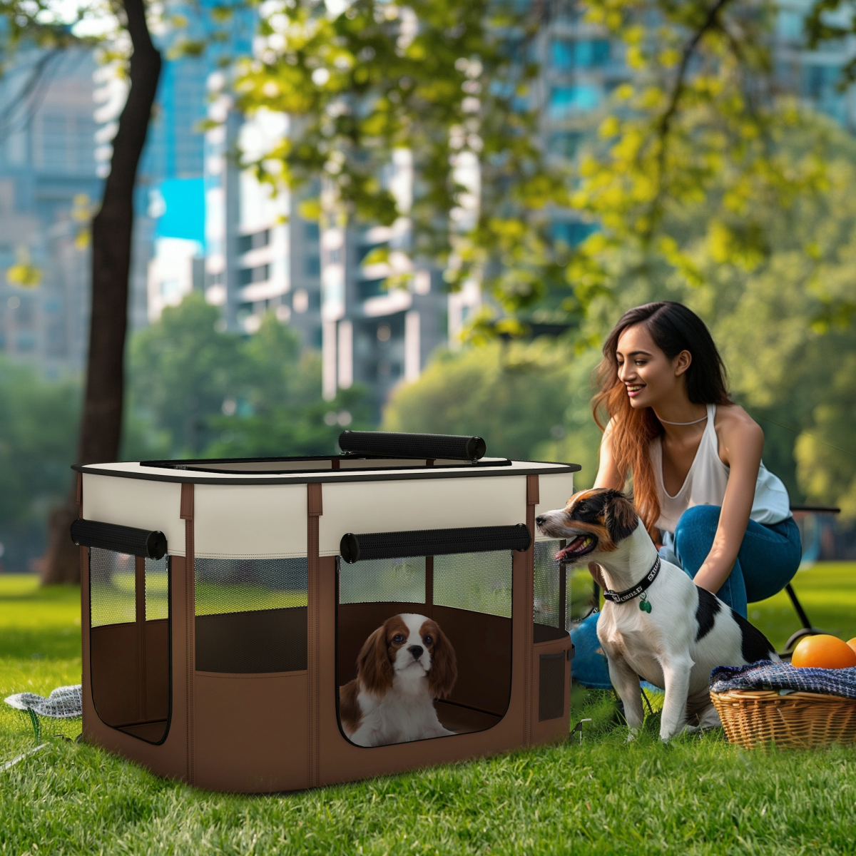 PawHut Foldable Portable Pet Pen for Small Animals, Brown