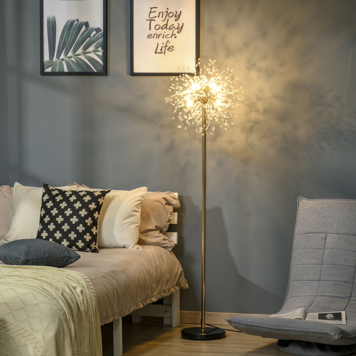 HOMCOM Modern Gold Tone Crystal Floor Lamp with Foot Switch