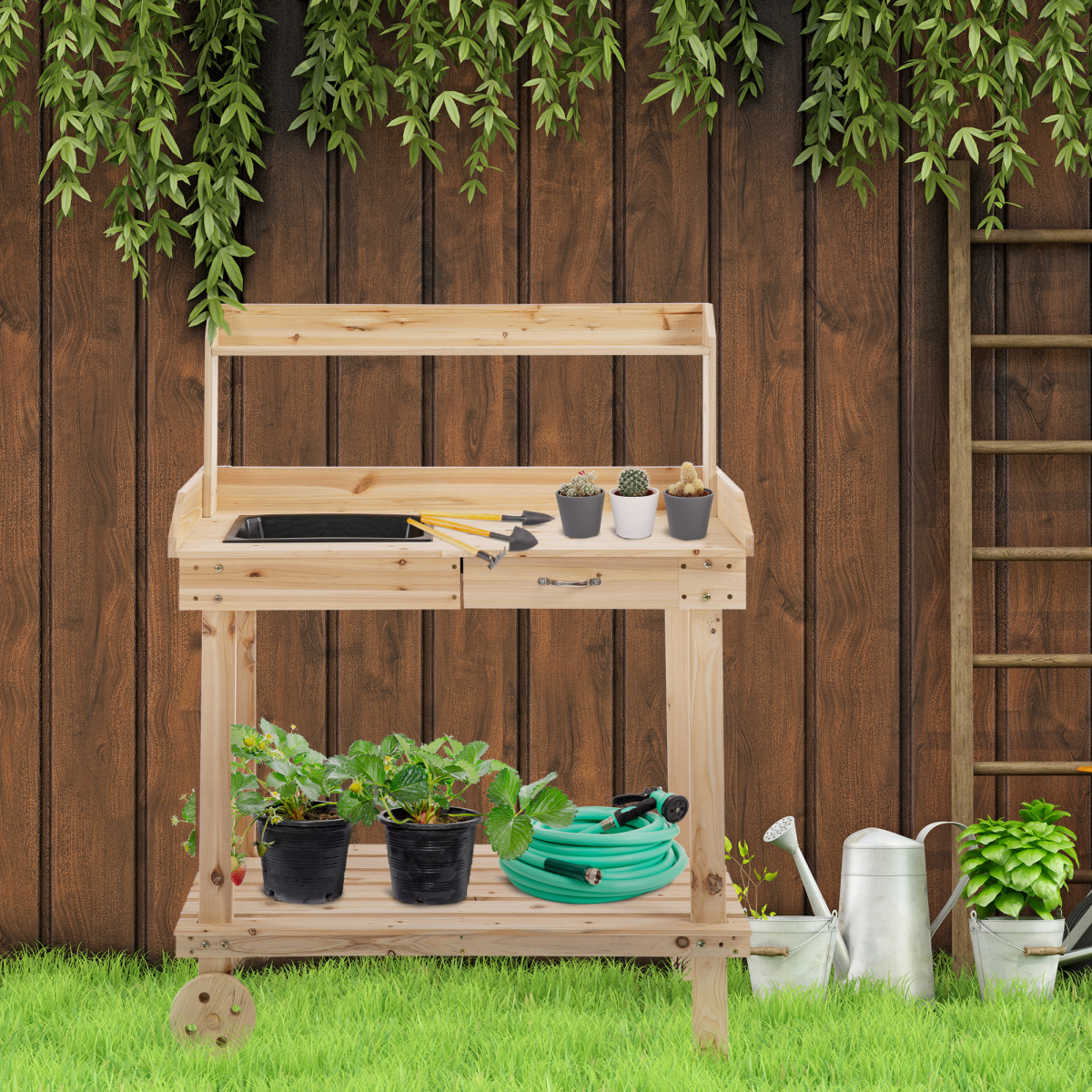 Outsunny Wooden Potting Table with Removable Sink, Drawer, Shelves and 2 Wheels, 92 x 45 x 119cm