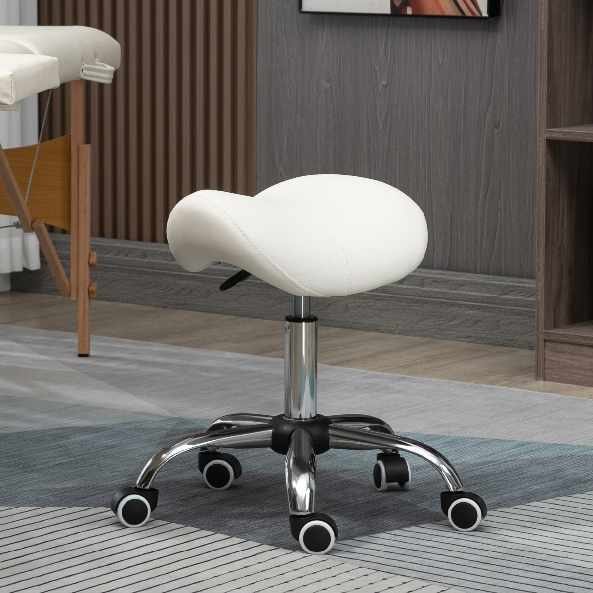 HOMCOM Saddle Stool Hydraulic Height Adjustable Rolling Faux Leather Mobility Chair Cream