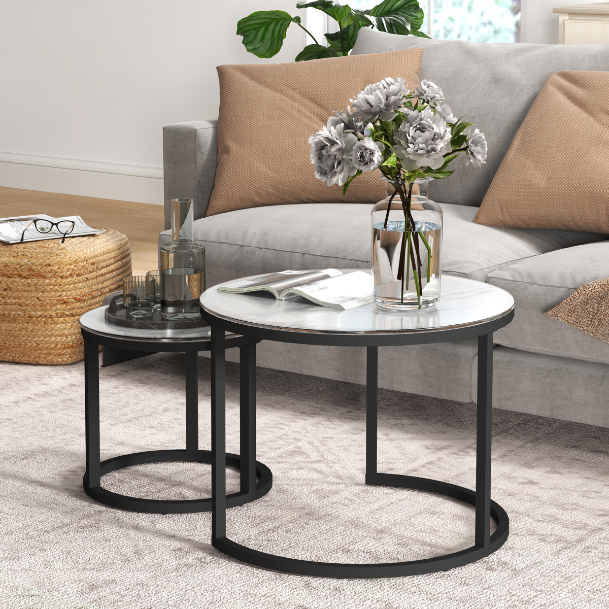 HOMCOM Round Glass Nesting Coffee Table Set of 2, Marble-Effect