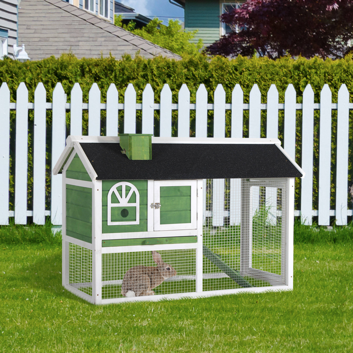 PawHut Wooden Rabbit Hutch Bunny Cage with Pull-Out Tray, Run and Ramp, Green