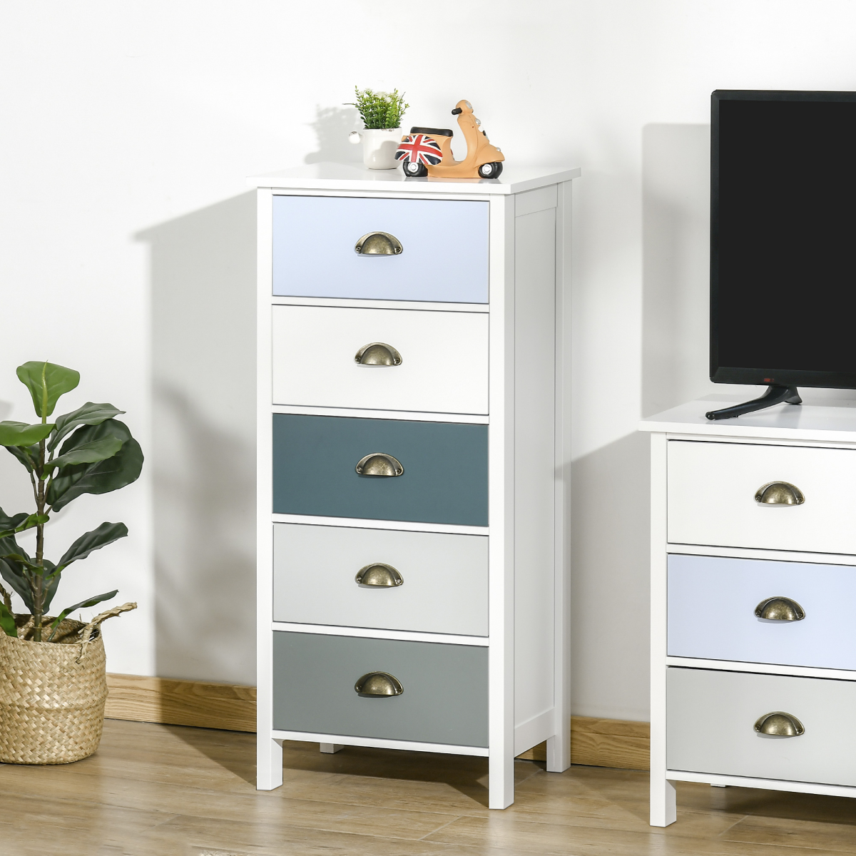 HOMCOM 5-Drawer Chest of Drawers with Bronze-Tone Metal Handles, MDF Structure and Anti-Tipping Straps