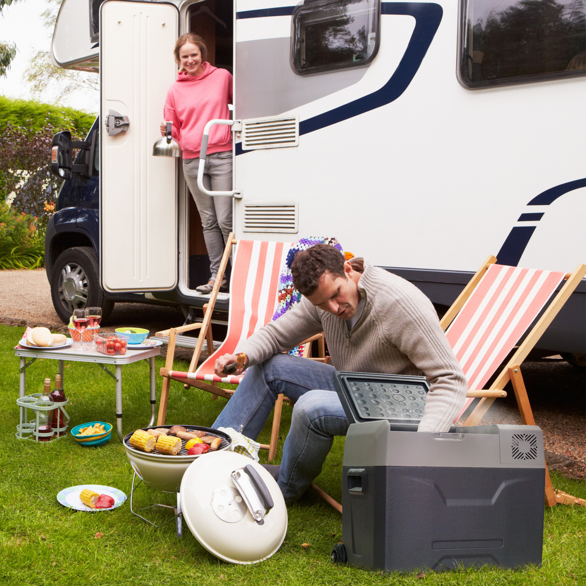 Portable Car Refrigerator 50L, 12/24V Fridge Freezer, Adjustable to -20°C, Touch Control Panel, USB Charging, Wheels