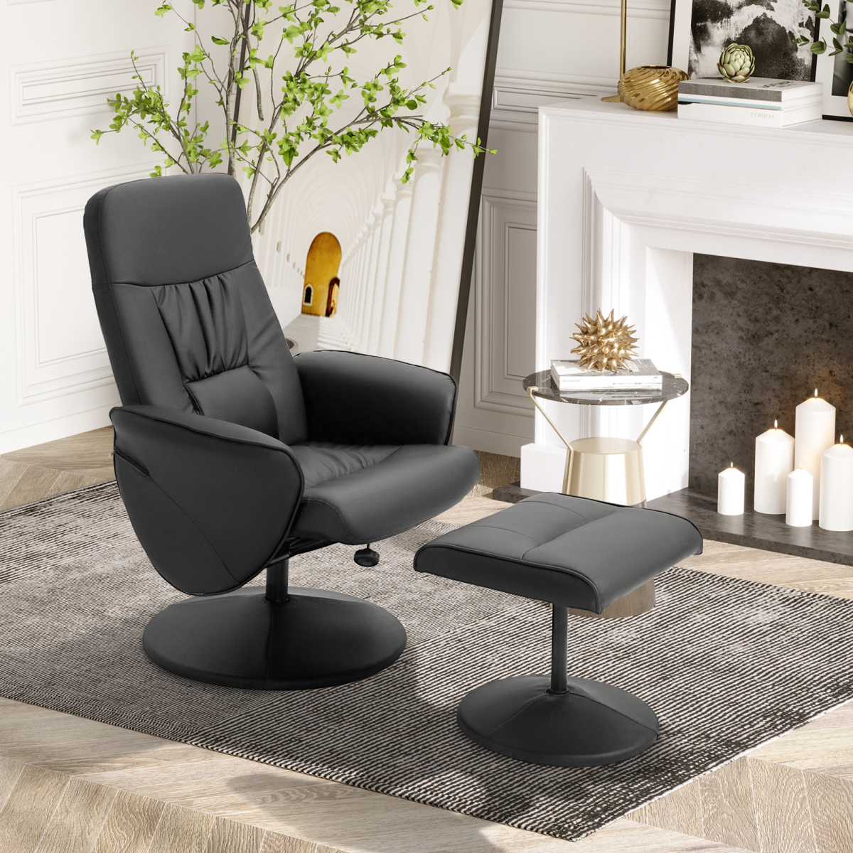 Reclining Armchair and Ottoman Set, 360 Swivel, Faux Leather, Black