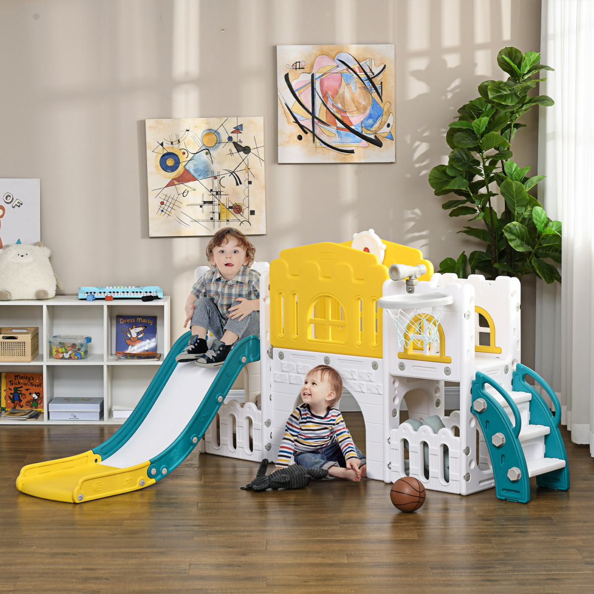 AIYAPLAY 7-in-1 Toddler Slide with Basketball Hoop, Ages 1-3
