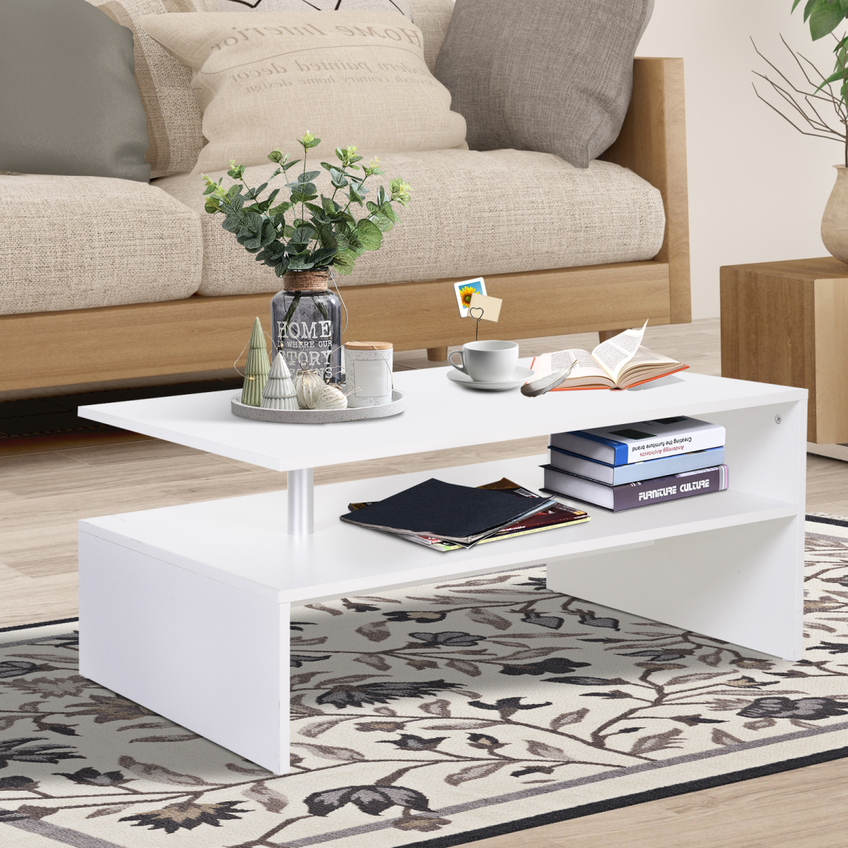 HOMCOM Modern 2-Tier Rectangular Coffee Table Side End Table, White