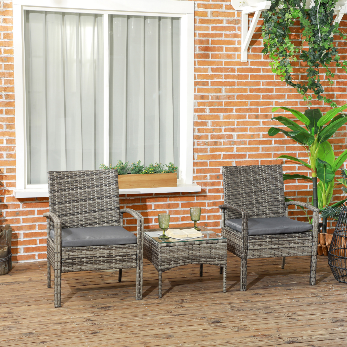 Outsunny 3-Piece Rattan Bistro Set with Cushions and Glass Table