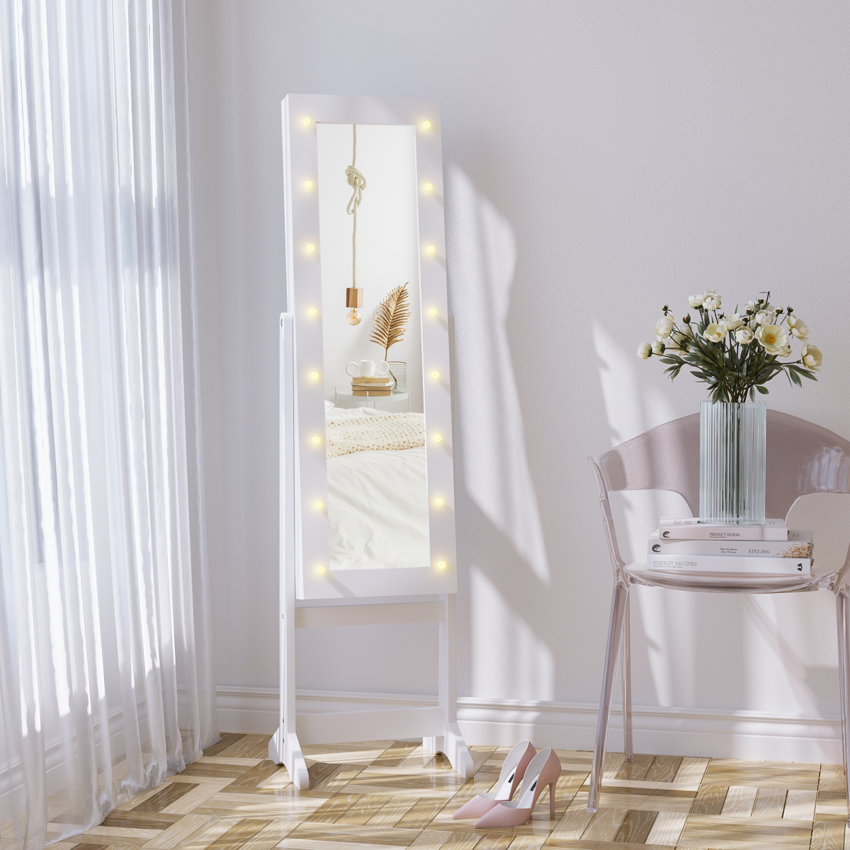 HOMCOM LED Mirrored Jewellery Cabinet with Full-Length Adjustable Mirror, Jewellery Storage Organizer, White, 36 x 30 x 136 cm