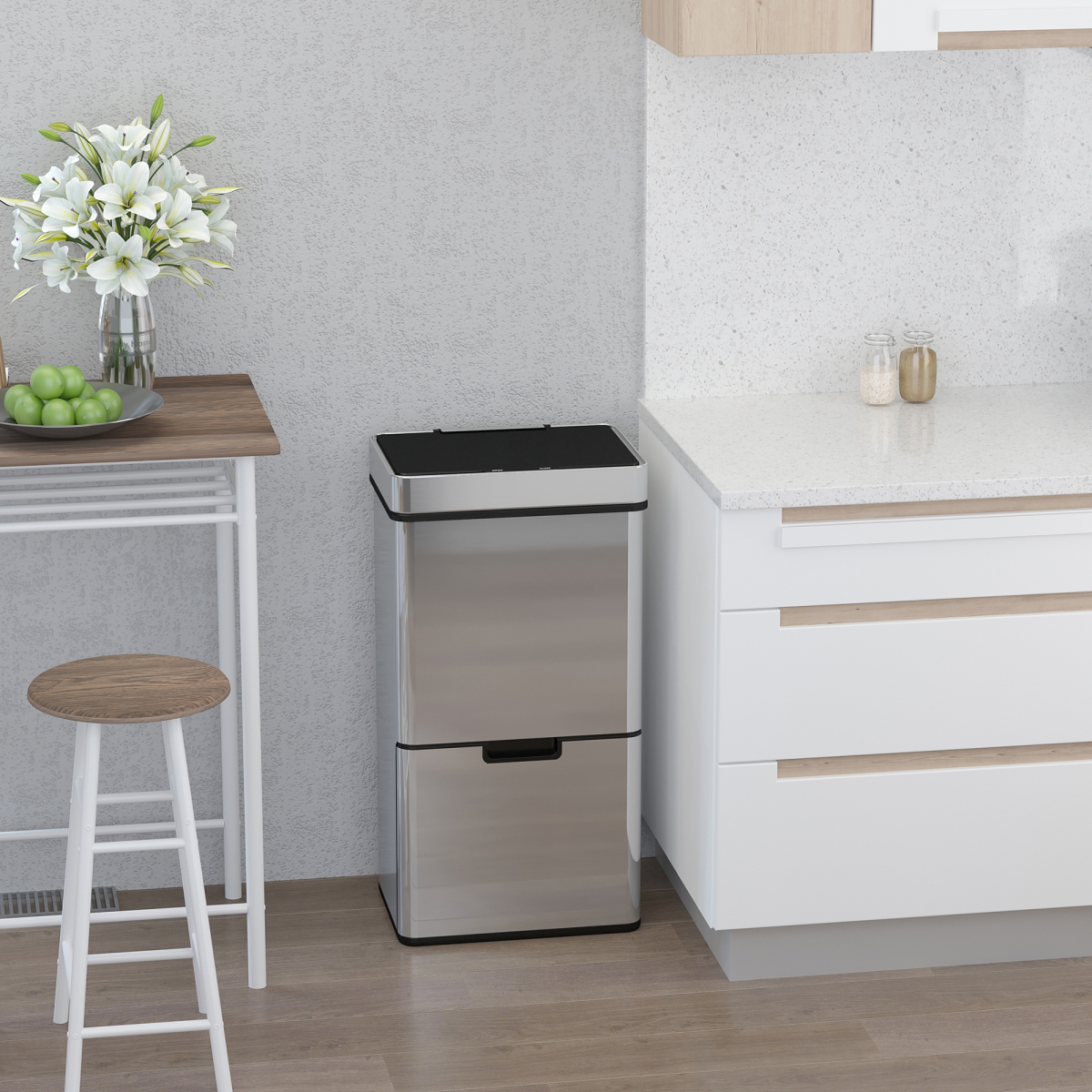 Motion Sensor Rubbish Bin 72L, 3 Compartments, Removable Lid, Stainless Steel Look Finish, HOMCOM