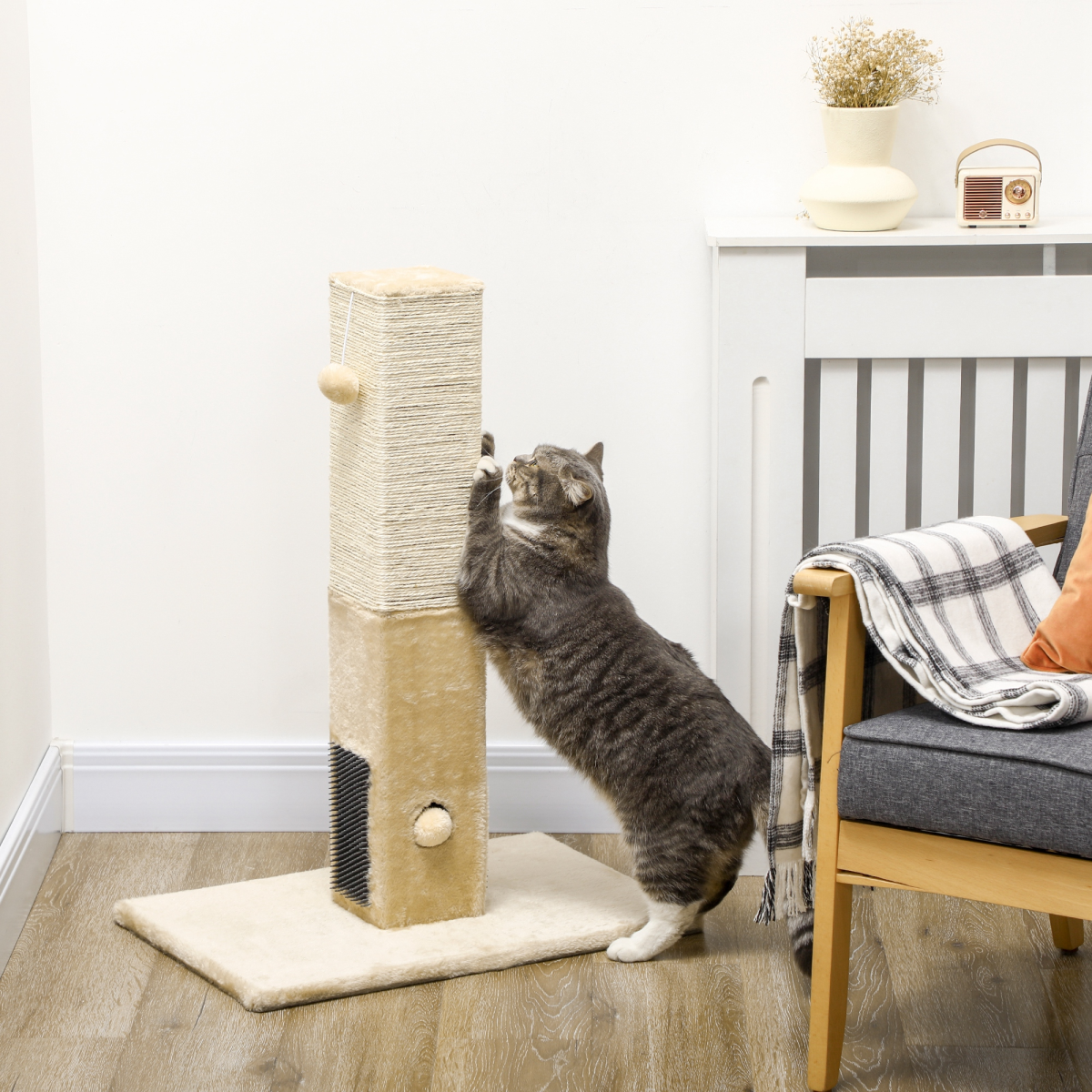 PawHut Beige Cat Scratching Post with Carpet Base & Hanging Toy