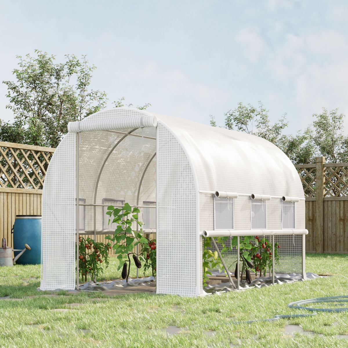 Outsunny Walk-In Backyard Greenhouse, 9.5 x 6.5 ft PE Polytunnel with Zippered Roll-Up Doors, White