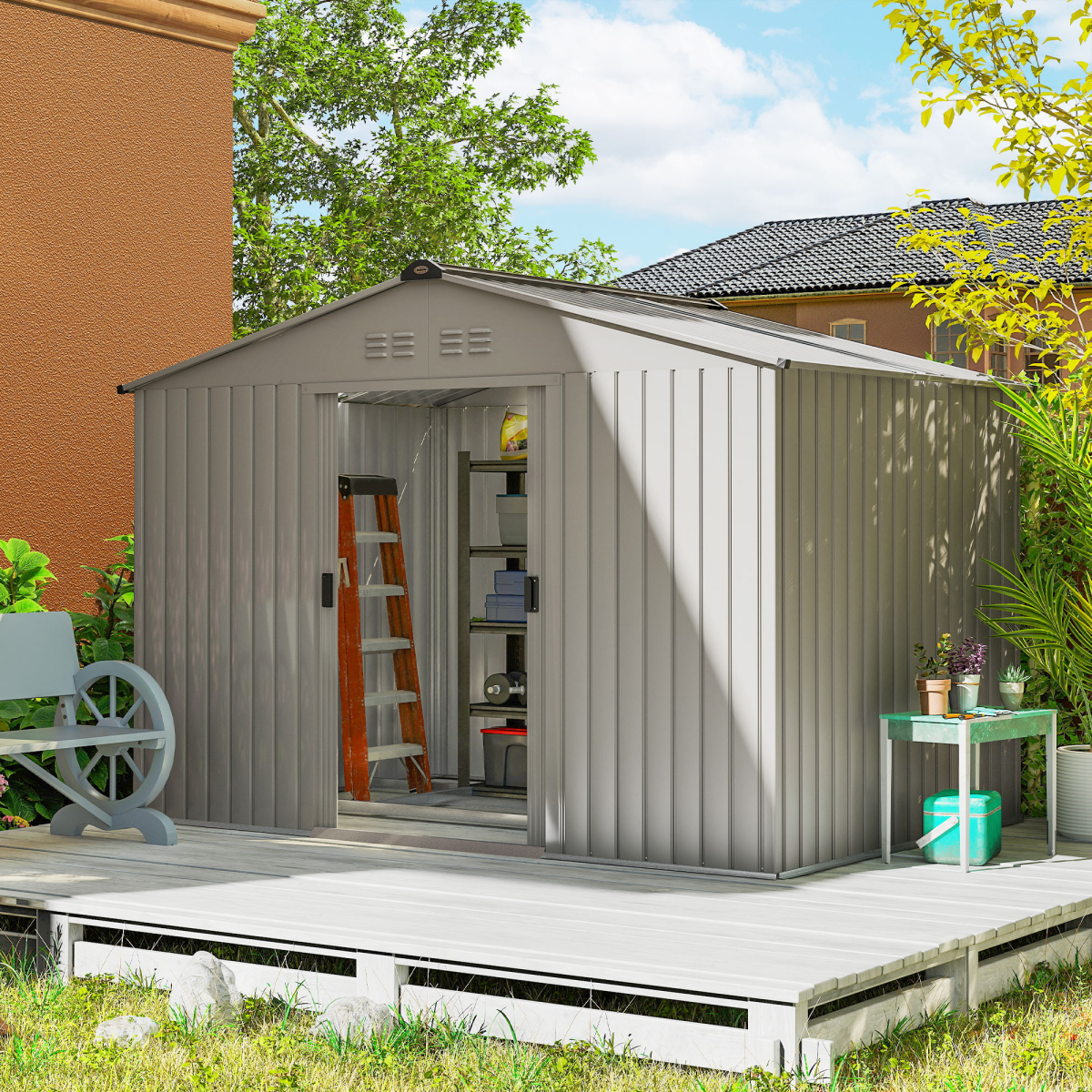 Outsunny 9 x 6FT Galvanised Steel Garden Storage Shed, Sliding Door, Grey