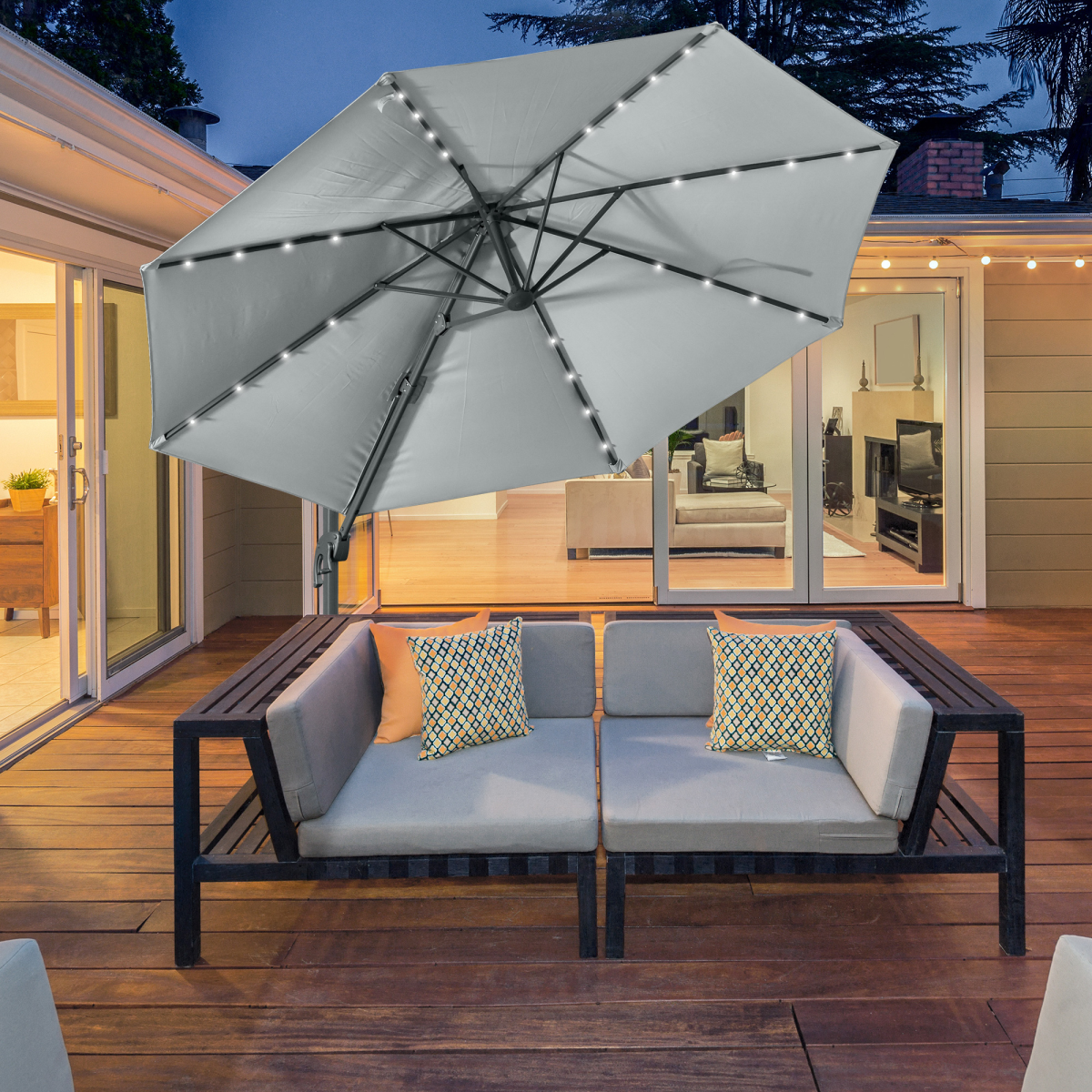 3m Cantilever Roma Patio Parasol with LED Solar Light, Grey