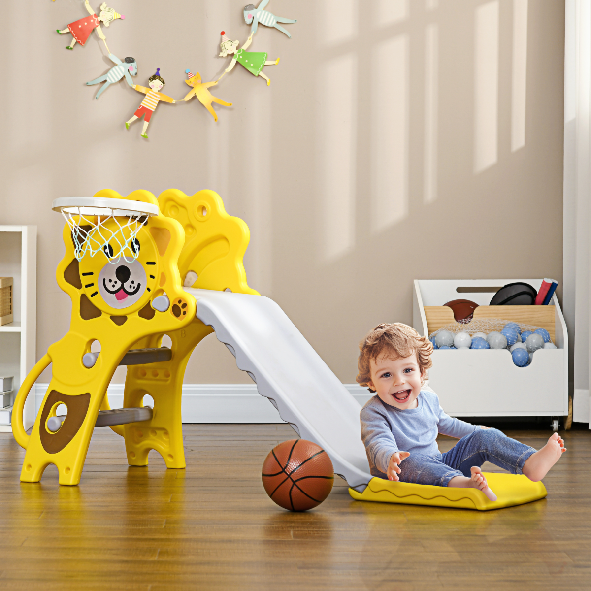 AIYAPLAY 2-in-1 Kids Slide with Basketball Hoop, 18-36 Months
