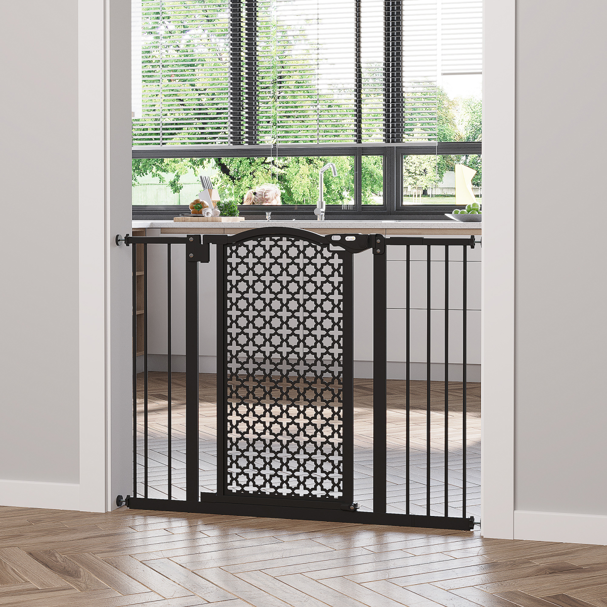 Pet Safety Gate 74-105 cm Pressure Fit Stair Gate with Double Locking, Automatic Closing, Steel Frame, Black