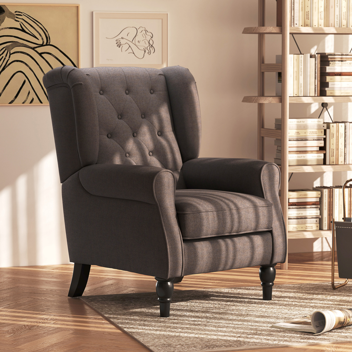 Retro Wingback Accent Chair with Wooden Frame for Living Room, Brown