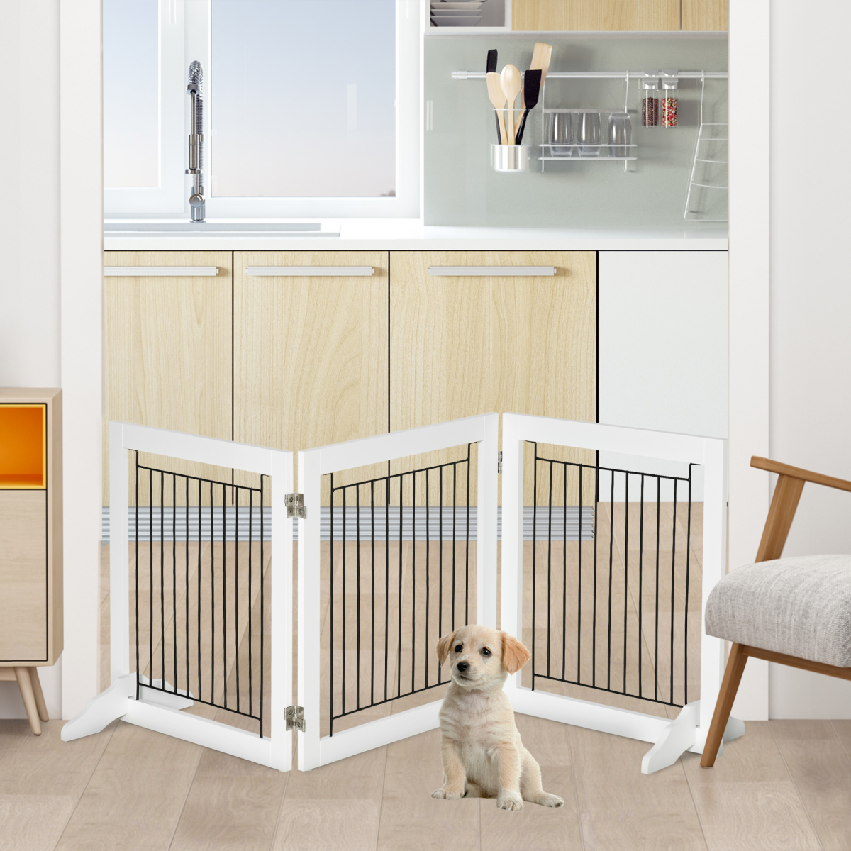 PawHut Foldable Freestanding Dog Gate, 3-Panel MDF and Steel Pet Barrier with 2 Support Feet