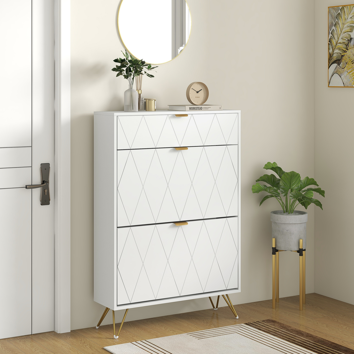 HOMCOM Slim Shoe Storage Cabinet with 2 Flip Drawers, White