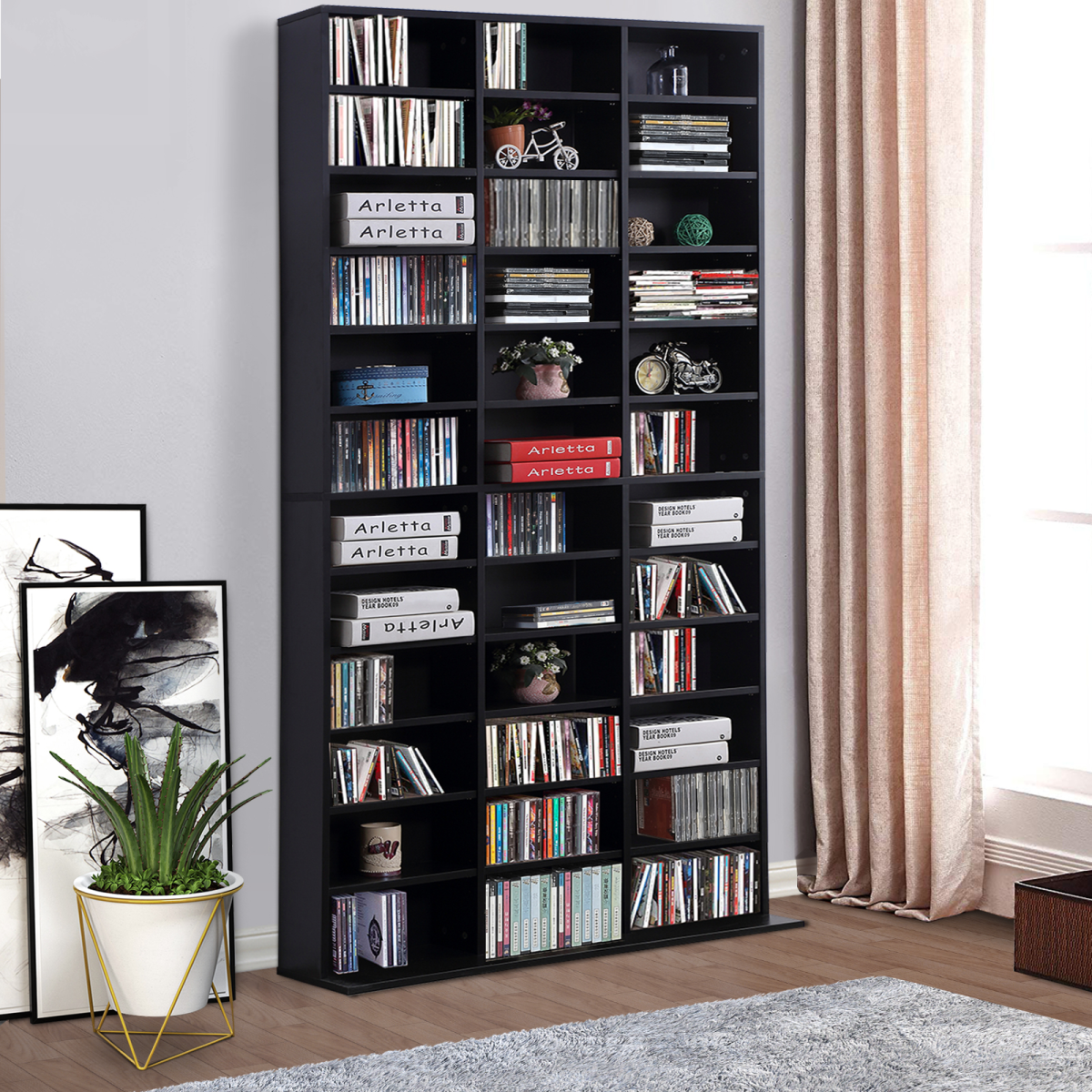 Black CD DVD Media Storage Bookcase, 33 Adjustable Compartments, Holds Up to 1116 CDs or 528 DVDs