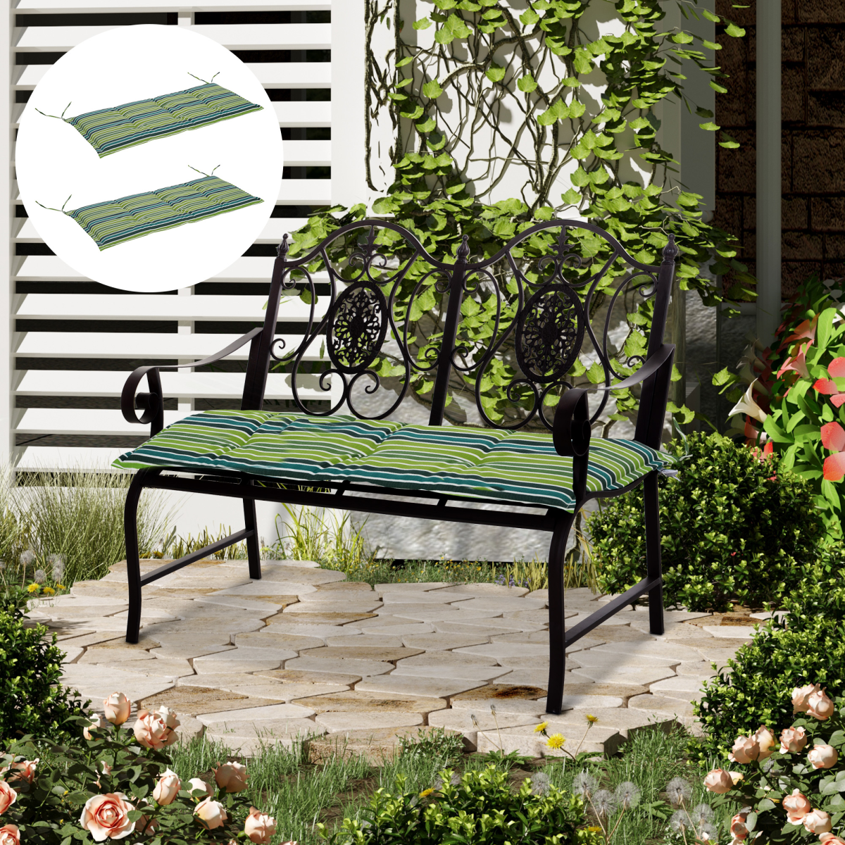 Set of 2 Green Striped Outdoor Bench Seat Cushions