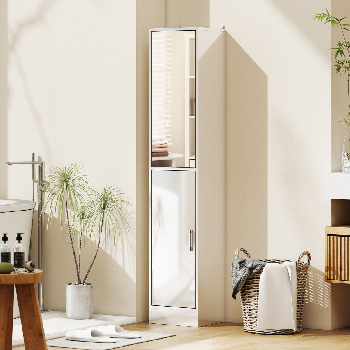 kleankin Tall Bathroom Storage Cabinet with Mirror, High Gloss White