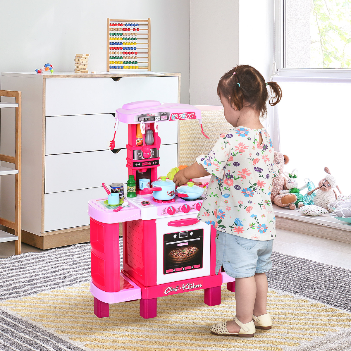 HOMCOM 38-Piece Children’s Kitchen Play Set with Realistic Sounds and Lights, Play Oven, Bread Maker, Sink, Utensils and Food Items