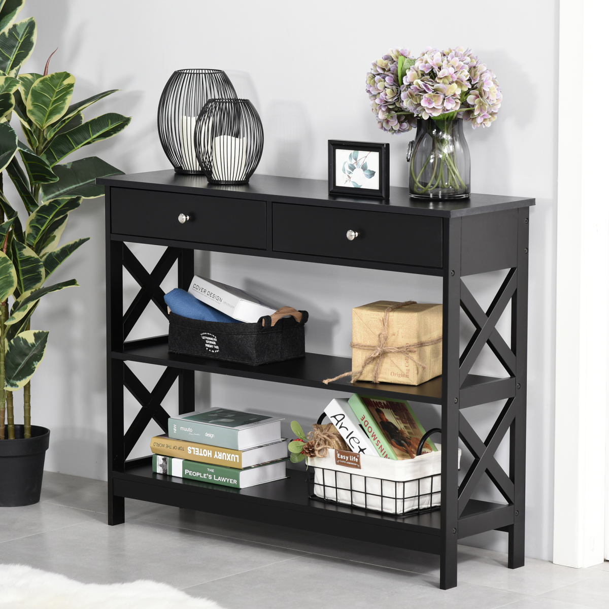 Black Console Table with 2 Drawers and Shelves, Flat Top