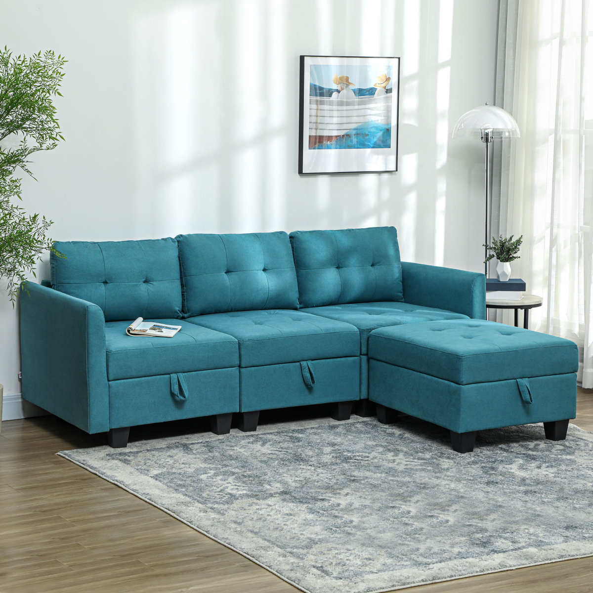 HOMCOM Convertible Modular Sectional Sofa with Storage, Light Blue