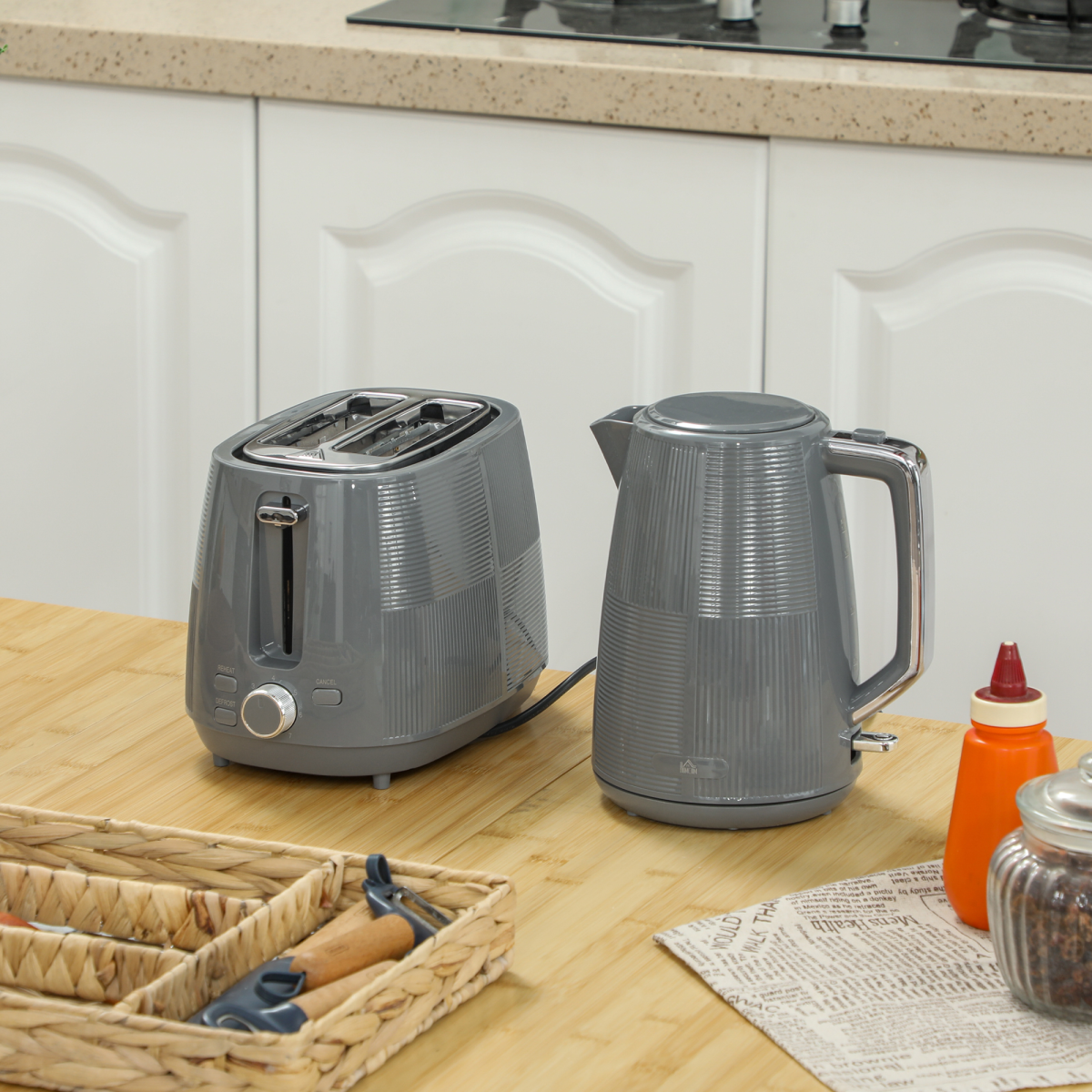 HOMCOM 1.7L Fast Boil Electric Kettle & 2-Slice Toaster Set, Grey