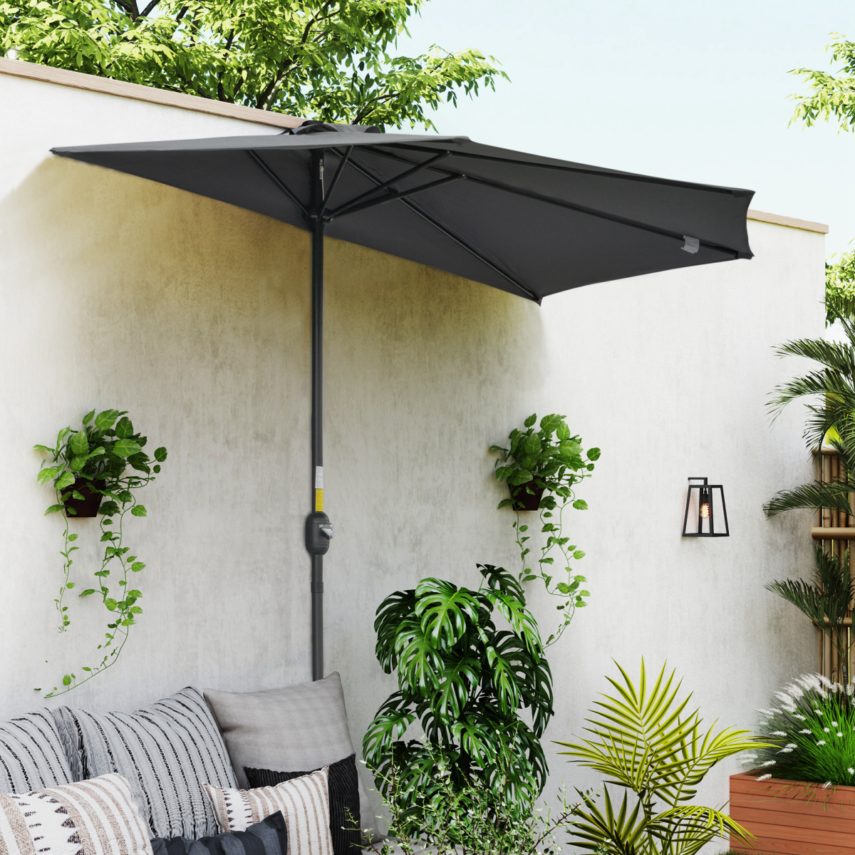 3m Half Round Wall Parasol, Grey Polyester and Aluminum Frame