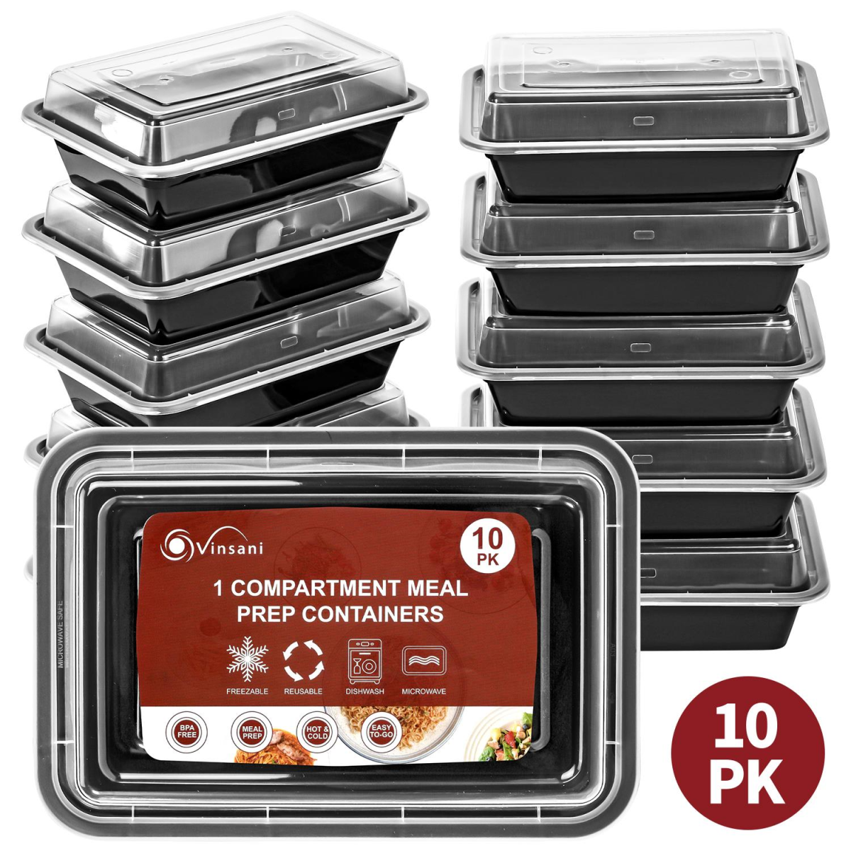 Vinsani 20 Pack 1 Compartment Meal Prep Containers, 28 oz, Airtight Leak-Resistant Lids, BPA Free, Microwave Freezer Dishwasher Safe
